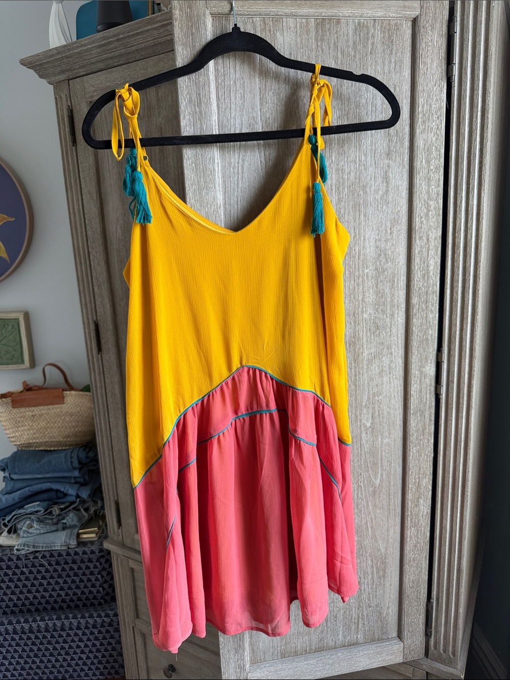 Mossimo Supply Co. Yellow and Coral Tiered Spaghetti Strap Tunic